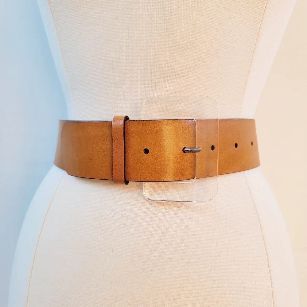 & other stories Tan Leather Belt Acrylic Buckle Size XS Brown Minimalist Boho